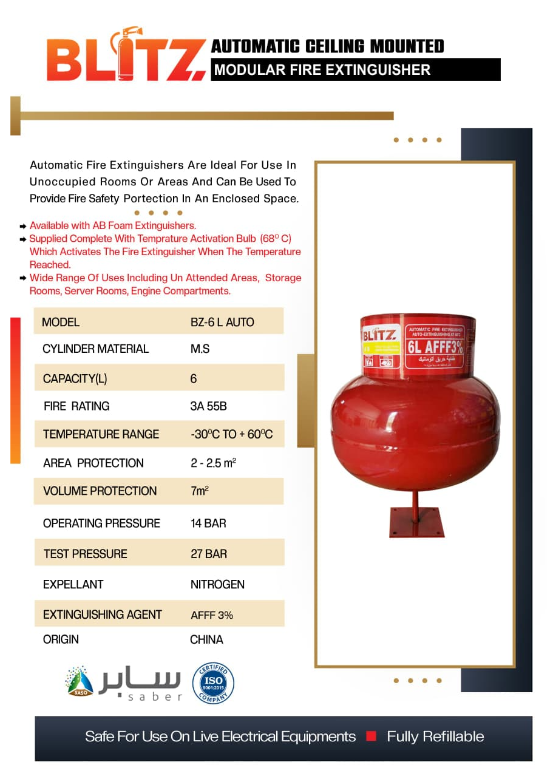 BLITZ AUTOMATIC CEILING MOUNTED 6KG - MODULAR FIRE EXTINGUISHER FOAM